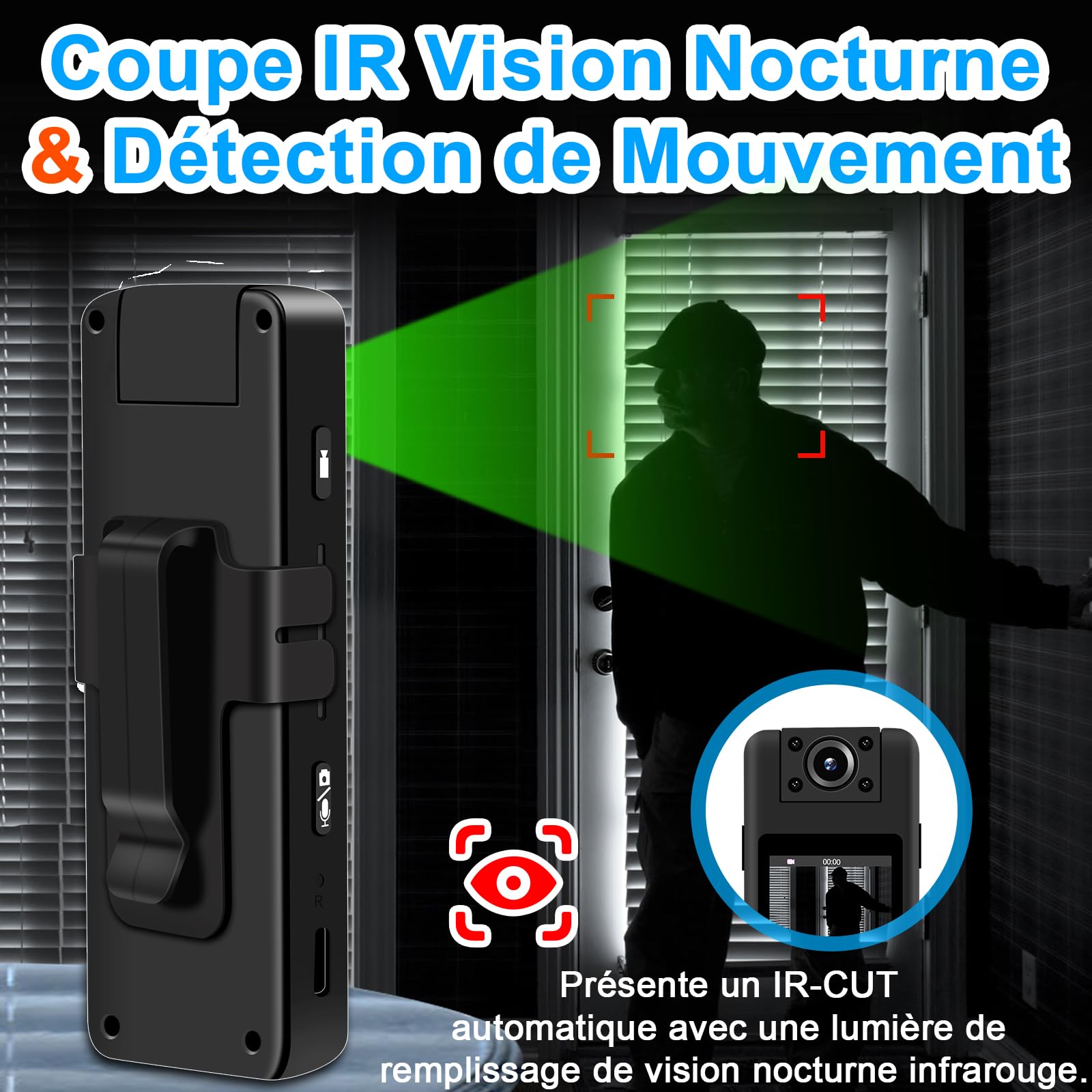 Mini Camera, 1080P HD & 120° Grand Angle Camera Pieton avec Objectif Rotatif 180°, Vision Nocturne Automatique & Détection de Mouvement Body Cam avec Enregistrement Vidéo et Audio