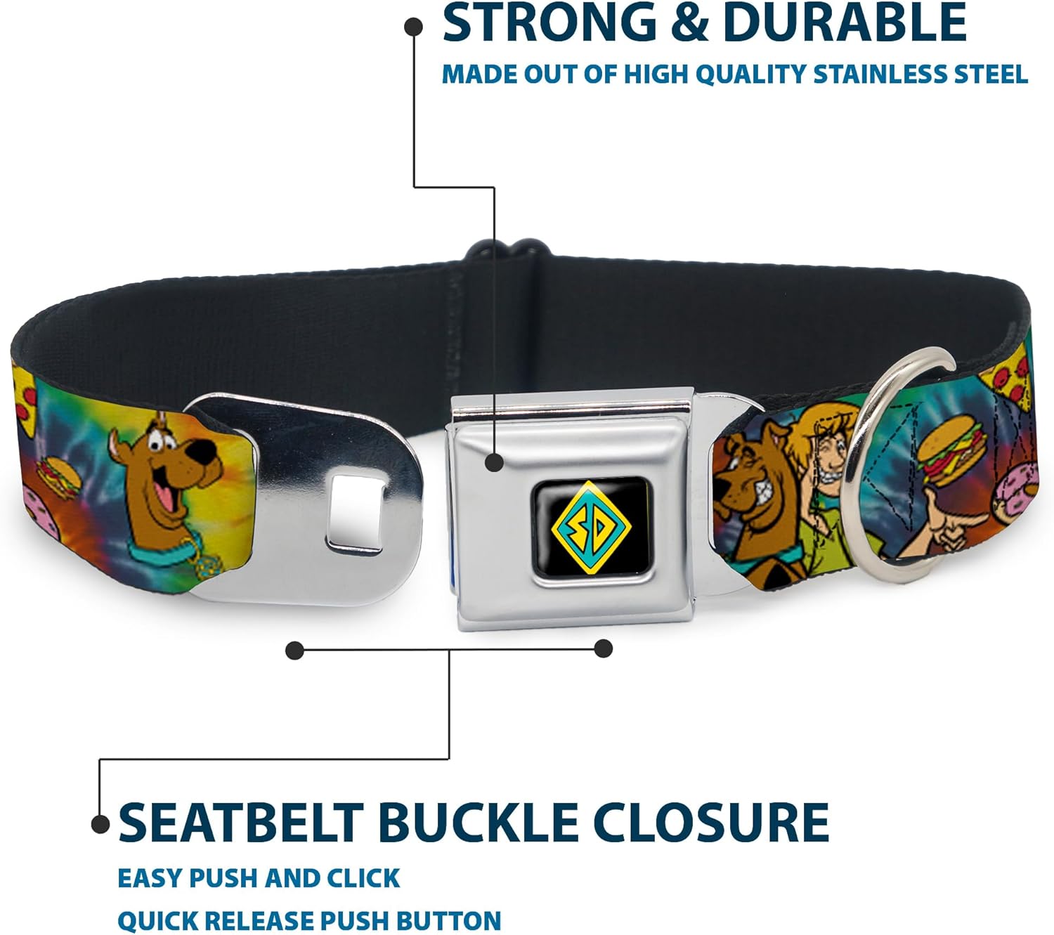 Buckle Down Easy Adjustable Metal Seatbelt Buckle Quick Release Dog Collar, Scooby Doo and Shaggy Poses, 20 to 31 Inches 1.5 Inch Wide-Large