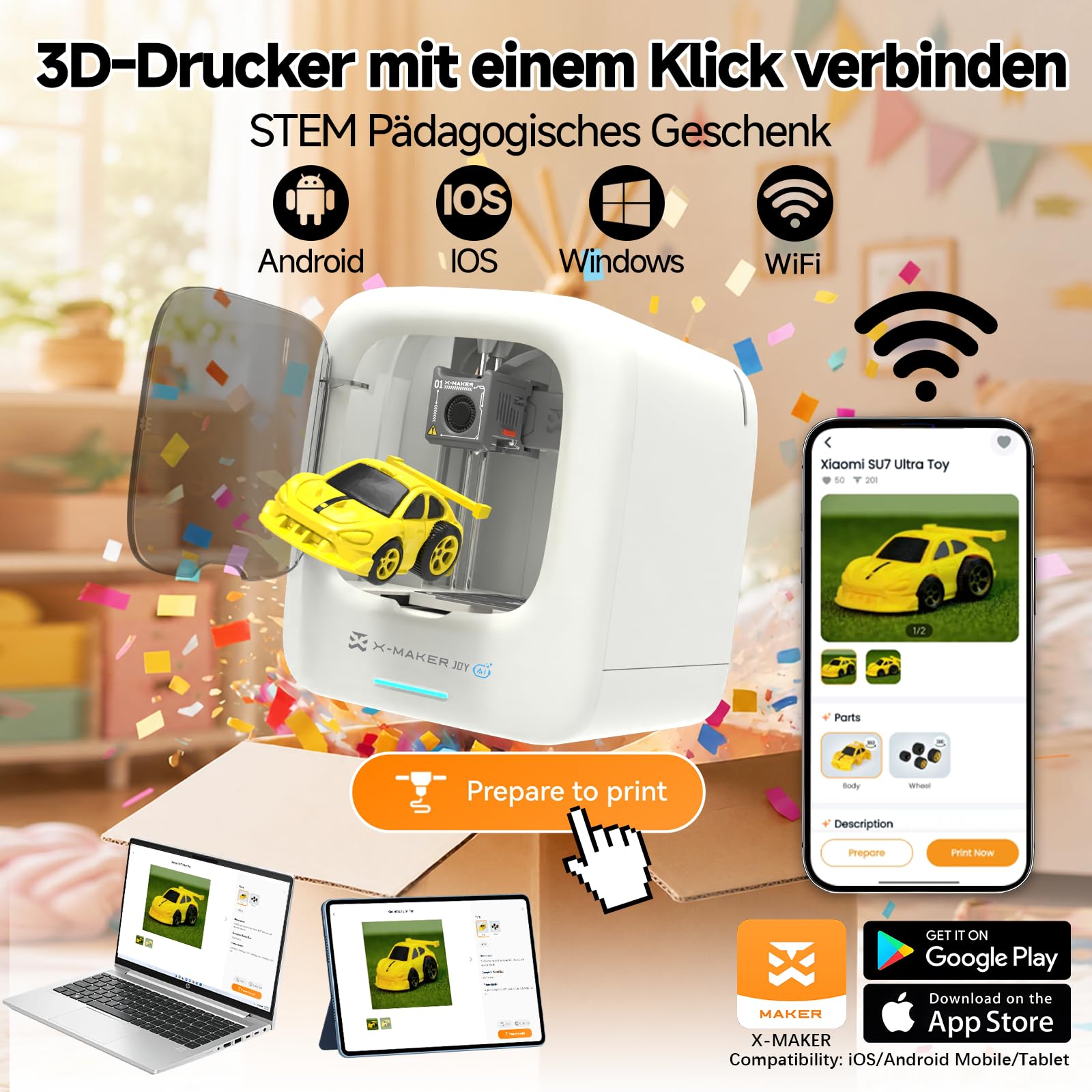 Imprimante 3D Alimentée PLA pour Enfants, Application de Conception AI, Grande Bibliothèque de Jouets, Jusqu’à 400 mm/s, avec 15 Mini Modules 3D, Contrôle App, X-Maker Joy AI+
