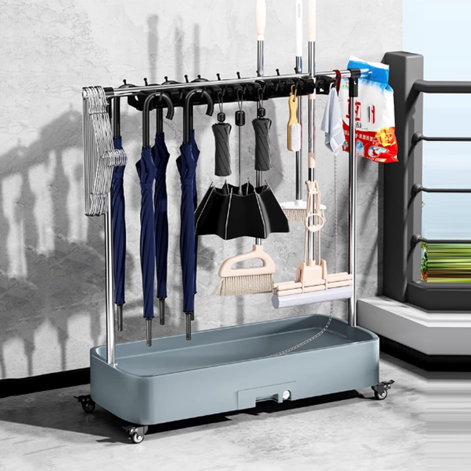 Generico Carrello Porta Scopa E Mocio Mobile, Attrezzi For Esterni, Da Giardino, Cortile, Ripostiglio, Organizer For For La Pulizia Con Ruote(12tow16hooks)