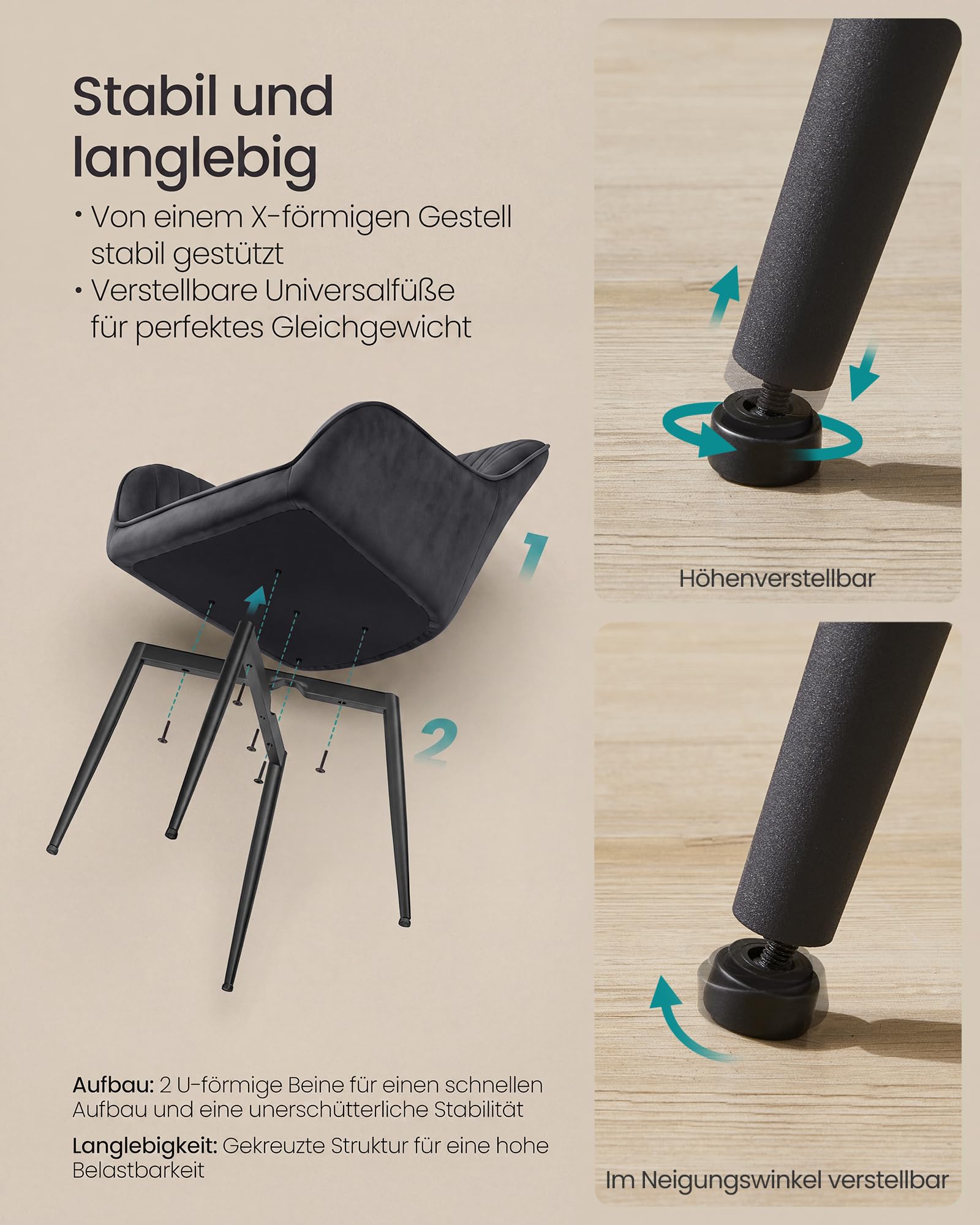 SONGMICS Esszimmerstuhl, 2er Set, Küchenstuhl, Sessel, Samt, Polsterstuhl mit Armlehnen, Loungesessel, bis 120 kg belastbar, Metallbeine, für Esszimmer, Küche, grau-tintenschwarz LDC087G02