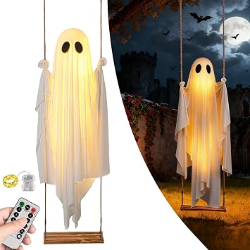 Halloween Decorations, 3 FT Large Hanging Swinging Ghost Outdoor Decor with Remote Control String Lights, Adjustable Height Hanging Ghosts for Tree Porch Yard Garden Lawn