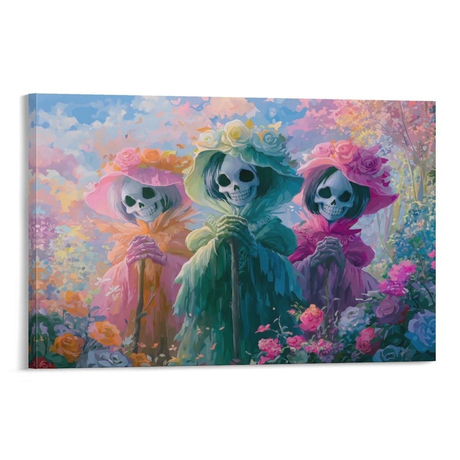 CPLVKWRQJ Skeletons in Flowers Single Piece Three Sugar Skulls Pastel Flower Cloudy Sky Framed Wall Art - Office Canvas Print Fade Resistant Wall Focal Art Decor 16x24inch(40x60cm)
