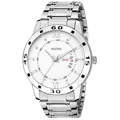 Matrix Casual White Dial & Stainless Steel Strap Analog Watch with Day & Date Display For Men/Boys- (DD-4-WH-ST)