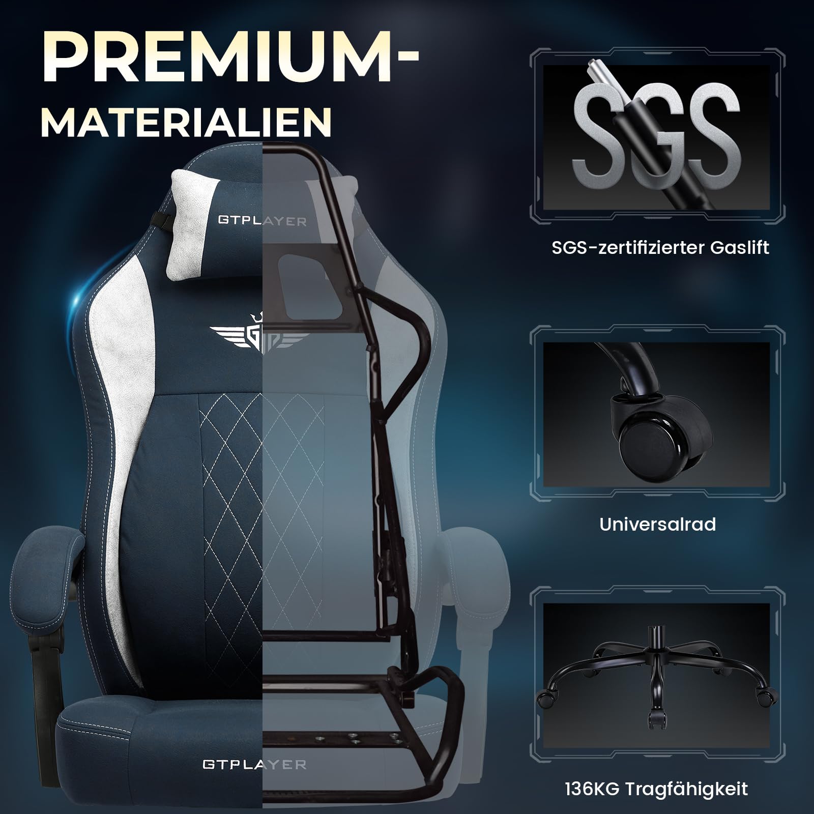 GTPLAYER Sedia da Gaming in Tessuto, Sedia da Ufficio con Supporto Lombare Integrato, da Ufficio, con Cuscino a Molla e Poggiapiedi, Schienale Ispessito, ergonomica per blu
