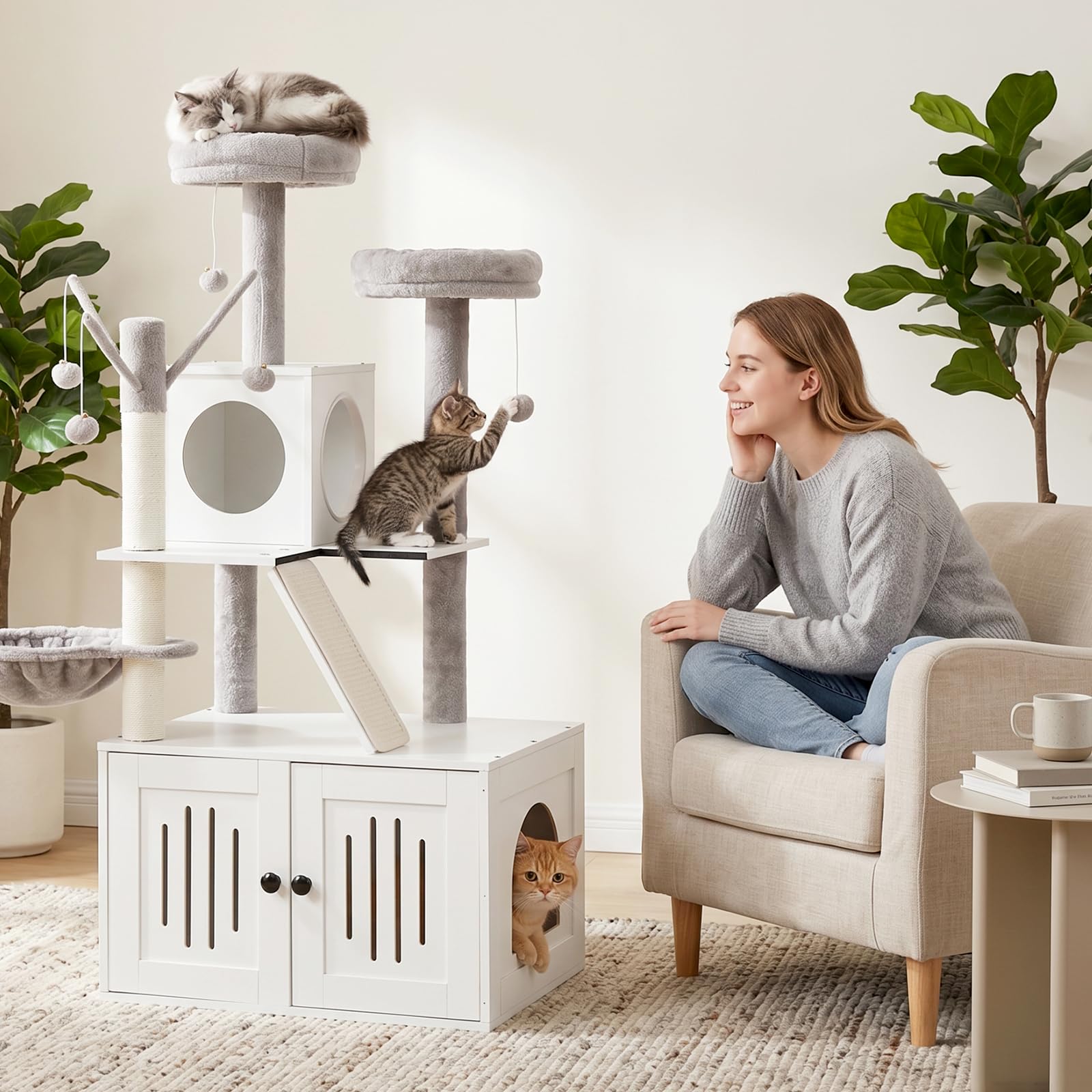 LEADZM Kratzbaum mit Katzenklo-Schrank, 137 cm hoch, 2-in-1 Katzenbaum, Multifunktionaler Katzenkratzbaum - Mit Sisalsäule und Plüschball, Mehrere Farben erhältlich (Weiß)