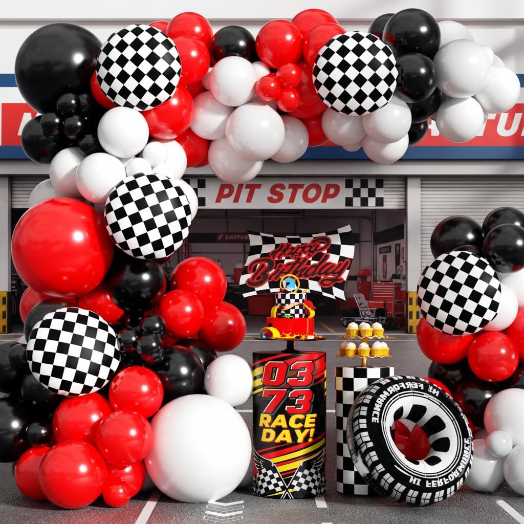 Race Car Balloon Arch Garland Kit, 154pcs Different Size Tire Flags Checkered Black Red White Balloons Arch Kit for Racing Car Two Fast Theme Boy Birthday Anniversary Party Decorations - Image 6