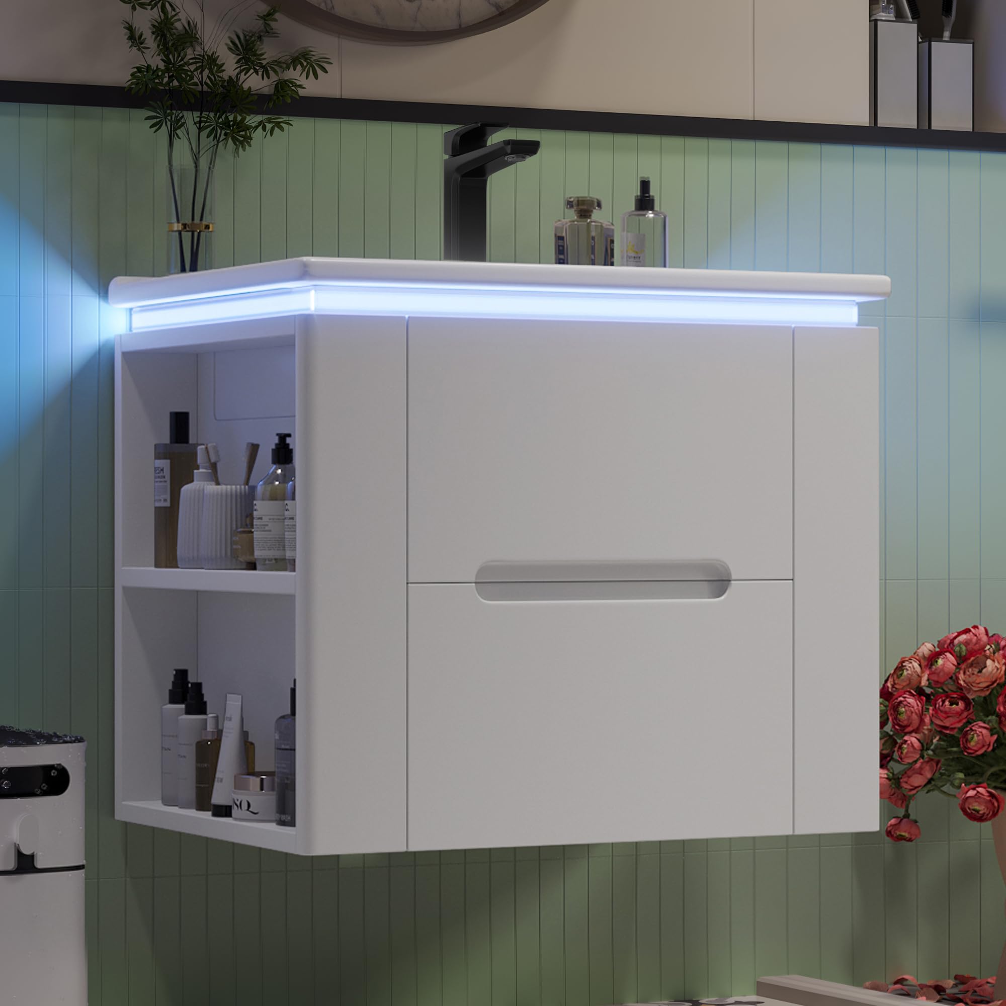 armadio da bagno sospeso a parete, 60 x 46 x 48,5 cm, illuminazione a LED con sensore radar, due cassetti, guide scorrevoli silenziose, lavabo integrato, bianco
