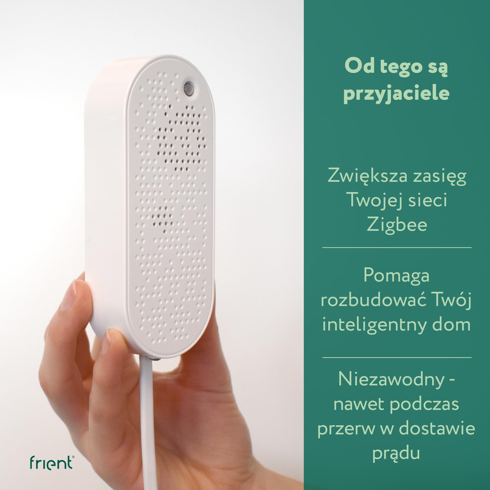 frient Zigbee Range Extender | Wzmacniacz sygnału Zigbee | Bateryjne podtrzymywanie zasilania | Prosta instalacja | Współpraca z systemami SmartThings i Homey