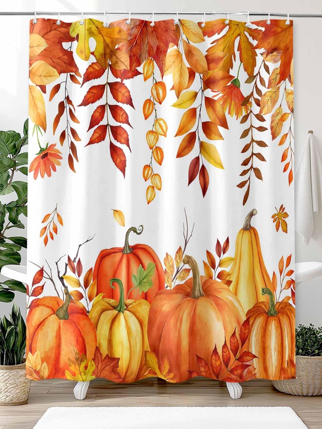 Fall Pumpkins Maple Leaf Shower Curtain Orange Autumn Leaves Harvest Waterproof Shower Curtain with Hooks Thanksgiving Farmhouse Shower Curtains for Bathroom, Hotel, Stalls, Bathtubs, 66x72 Inch