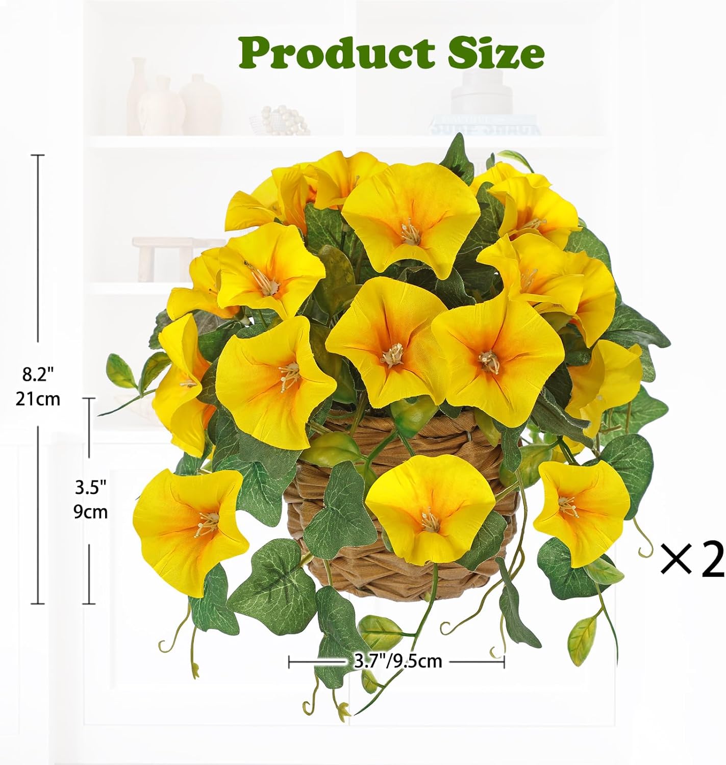 Briful 2 Pack Fake Morning Glory with Handwoven Basket - 8.2" Yellow Faux Potted Flowers Silk Floral Table Centerpiece for Home Office Room Shelf Desk Decor