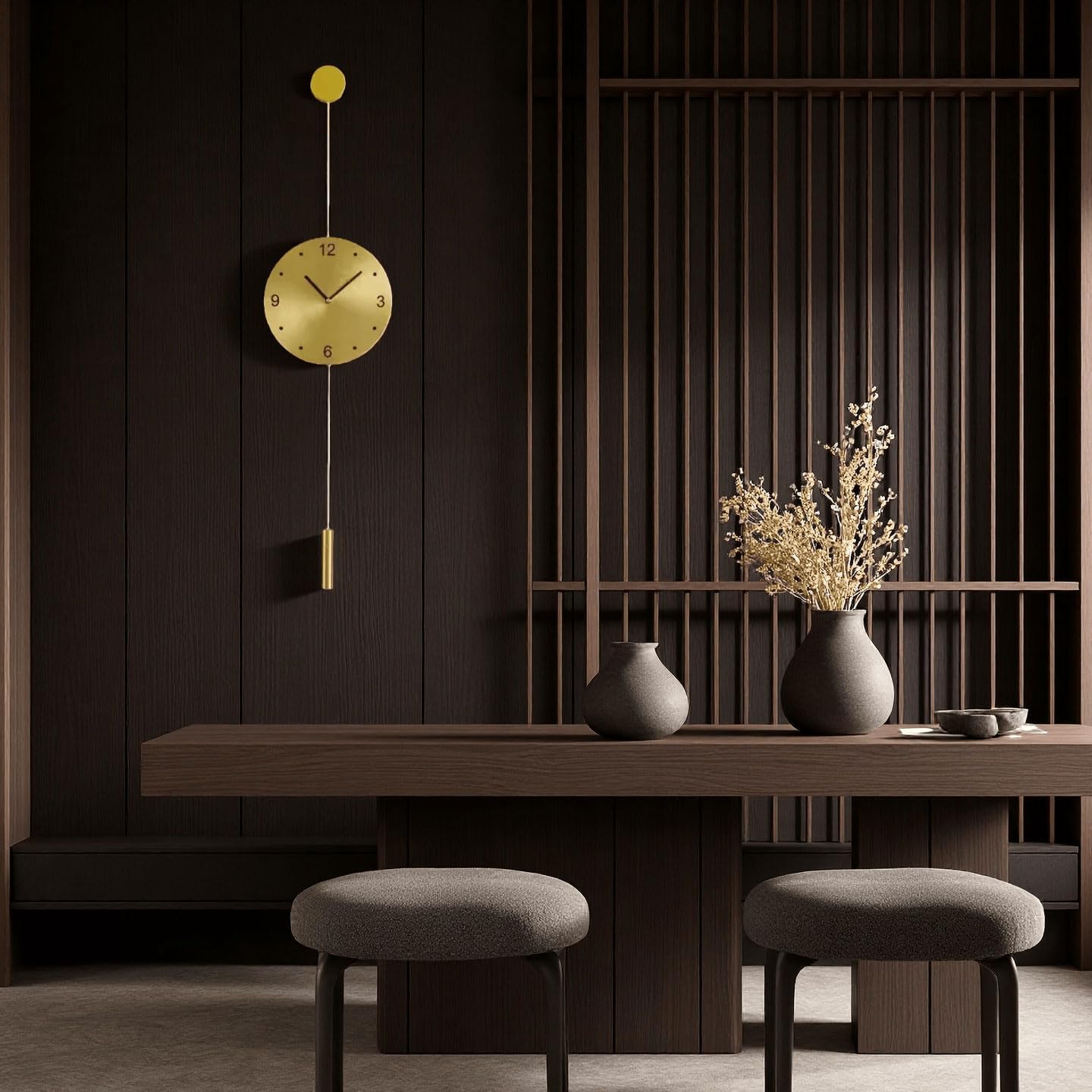 No Drill Large Wall Clock, Completely Silent Non-Ticking Battery-Operated Decorative Wall Clock, Modern Minimalist Brass Finish with Swing Pendulum, for Living Room Bedroom Office, Nordic Style