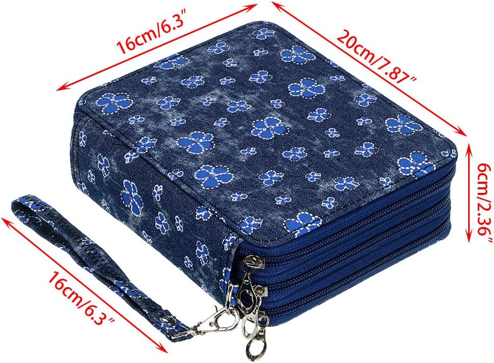 BTSKY Zippered Pencil Case-Canvas 72 Slots Handy Pencil Holders with Printing Pattern for Prismacolor Watercolor Pencils, Crayola Colored Pencils, Marco Pencils Blue Flower