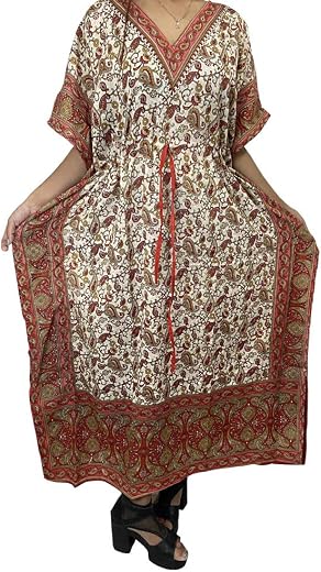 Ukal Women's Kaftan Summer Maxi Kimono Dress Beach Cover Up Ladies Kaftan Sleepwear Viscose Kaftan Night Gown Robe V-Neck ...