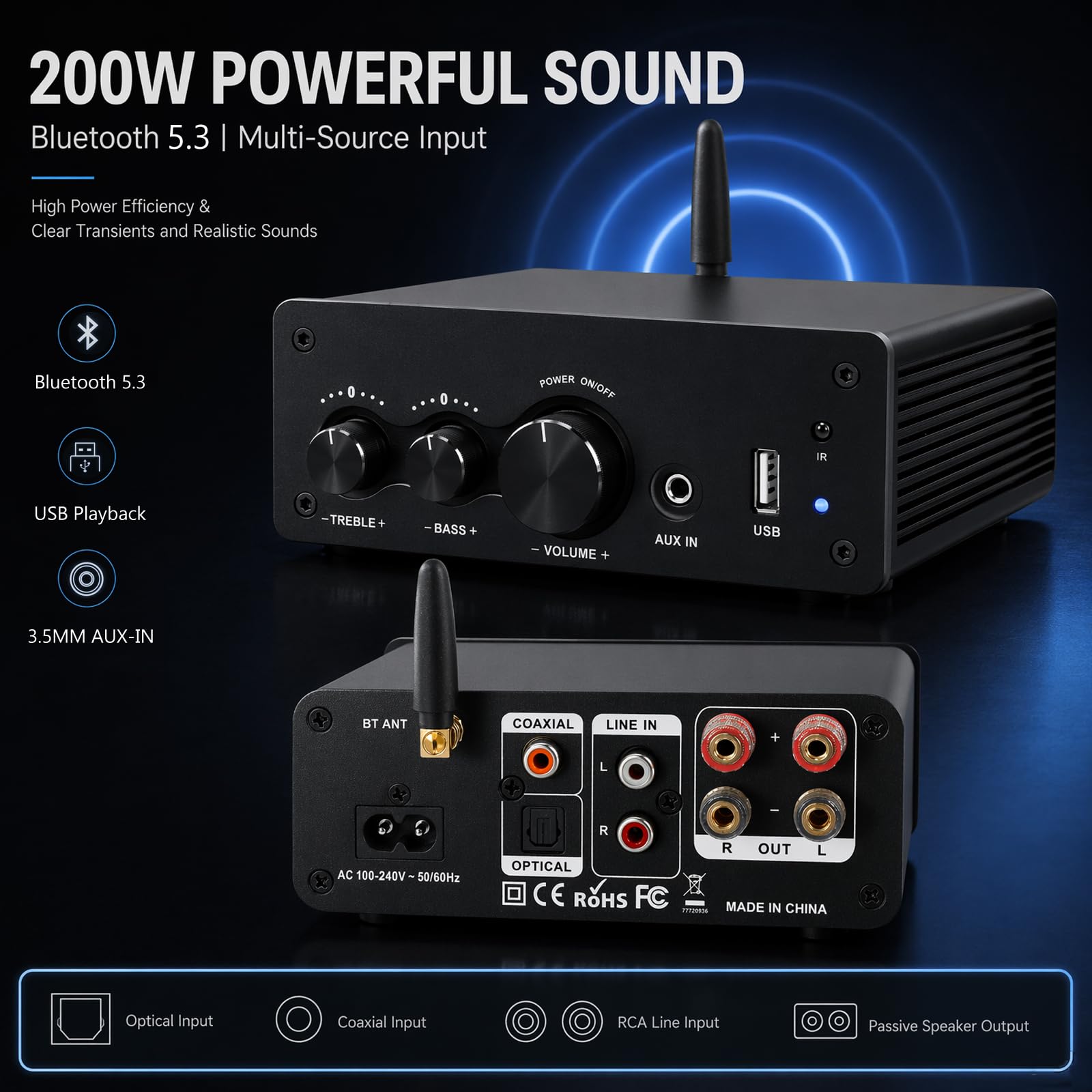 Mini Amplificatore Bluetooth HiFi con Telecomando, Amplificatore Stereo, Ingresso AUX, Uscita Audio L/R 2 Canali, 100W X2 per Diffusori by Passi Casa Audio