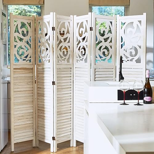 Miniatura 7 de Divisor de habitación de madera tallada para interiores, plegable, portátil, para hogar, oficina, jardín, terraza, 6 paneles, 67 x 90 pulgadas