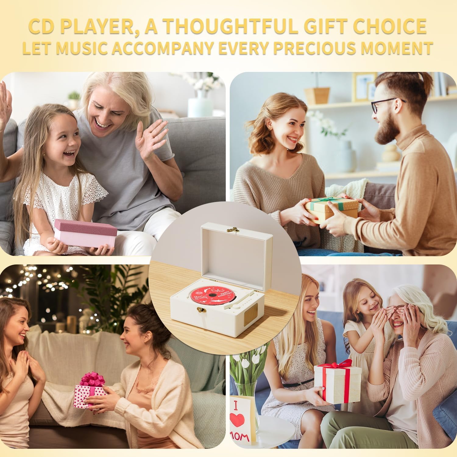 Yintiny Rechargeable Leather CD Player with Speakers; Bluetooth Transmitter; Festival Gift; BGM Player for Home Décor (White)