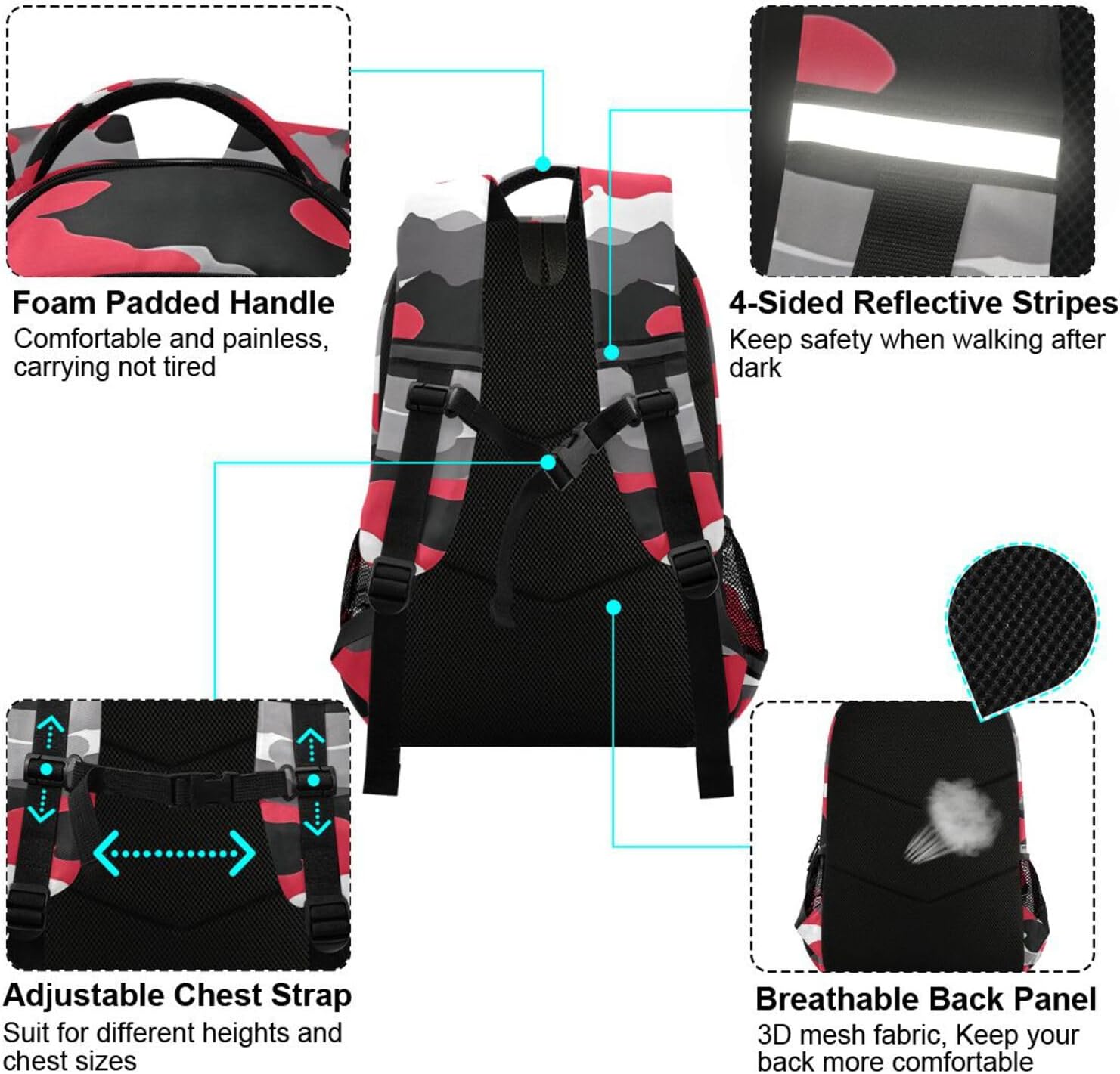 ALAZA Teens School Backpack Red Black White Camouflage Pattern Laptop Backpack with Reflective Strap, Travel Backpack Casual Daypack for Elementary Primary middle Bookbag