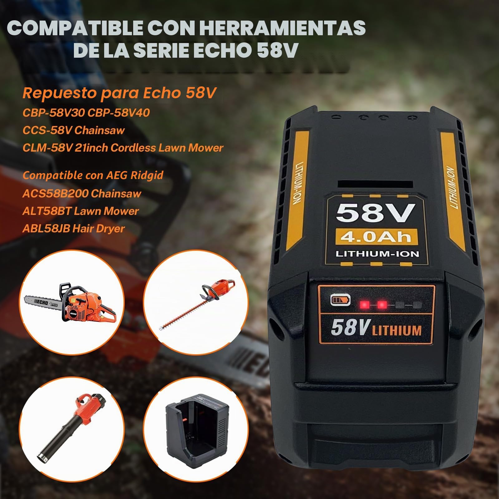 Batería de litio de 58 V y 4,0 Ah de repuesto para batería Echo 58 V CBP-58V40 CBP-58V20 CBP-58V2AH CHT-58V CDST-58V CCS-58V CLM-58V, compatible con herramientas eléctricas Echo 58 V MAX PRO serie (58
