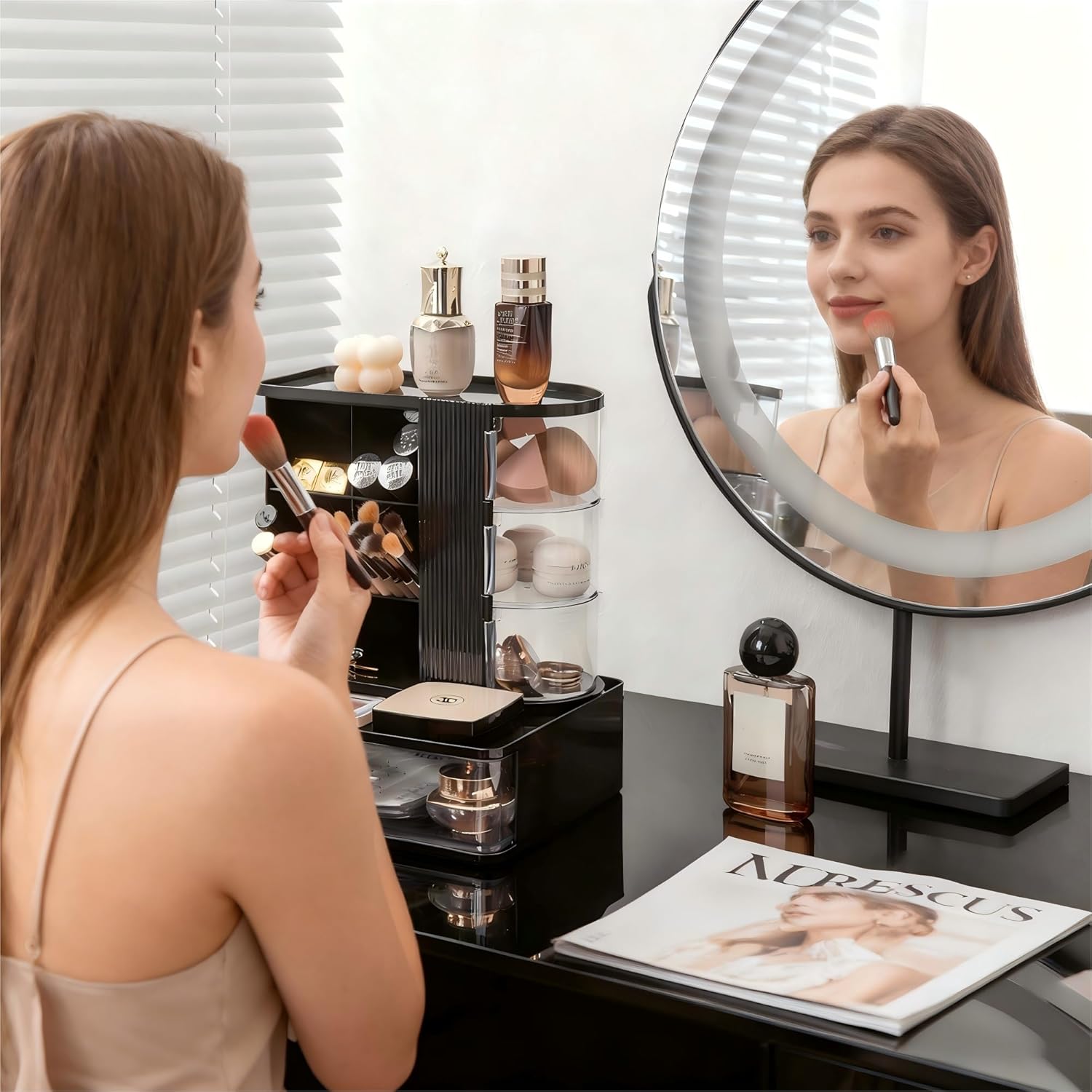 Makeup Organizer with Brush Holder for Vanity, Large Makeup Organizer Countertop with 3 Rotating Drawers, Cosmetic Display Cases Makeup Storage for Dresser & Bathroom, Ideal Gifts for Women (Black) - Image 3