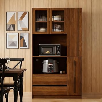 35.43" Farmhouse Kitchen Pantry Cabinet, 70.87" Height Tall Freestanding Cupboard with Open Storage Shelves and 3 Drawers for Kitchen, Dining Room, Walnut B
