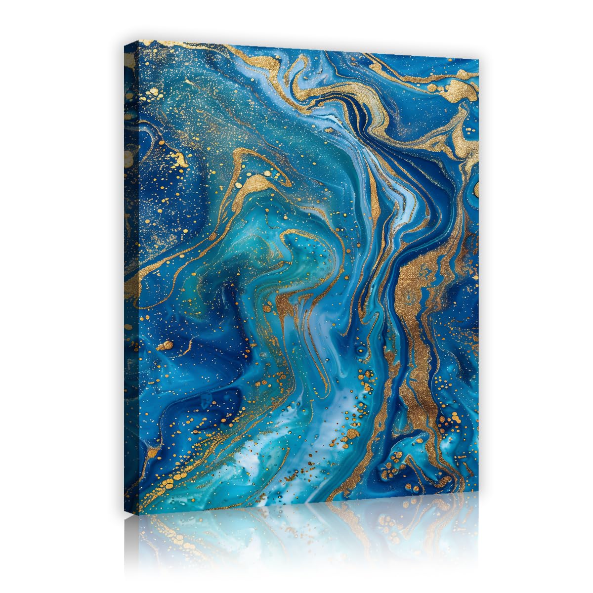 Via Vela Teal Blue and Gold Marble Canvas Wall Art, Fluid Liquid Ink Swirl Print, Large Framed Contemporary Lapis Lazuli Gemstone Pictures for Living Room Wall Decor, Ready to Hang 70x105cm