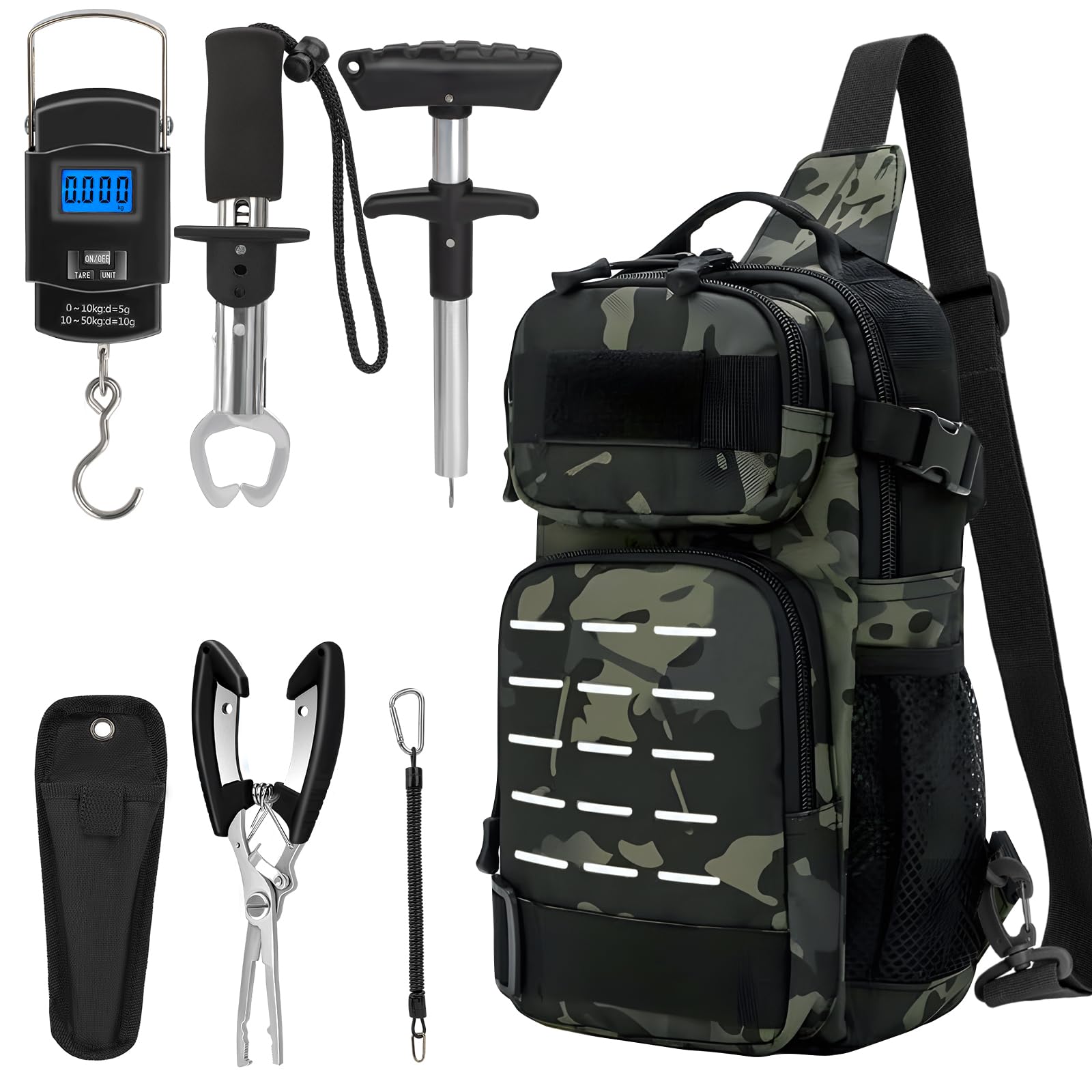 THKFISH 7 Stück Angeltaschen Set, Tactical Angeln Tragetasche mit Angelzange Tackle Kits, Fischhaken Entferner Tools, Fisch Zange mit Scheide und Werkzeug Lanyards, Digital Fishing Gewicht Skala