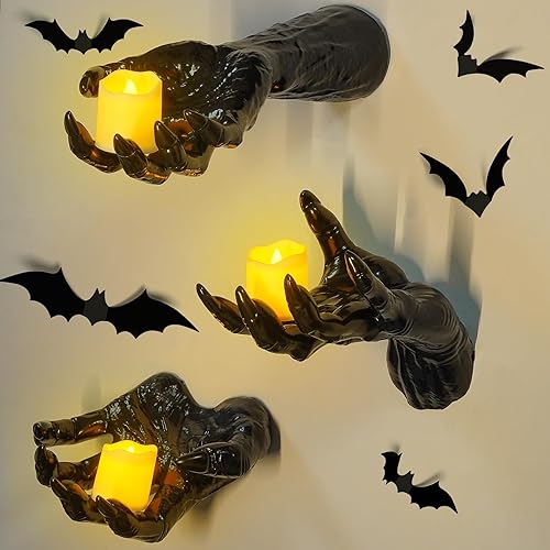Halloween Decorations Indoor Gothic Decor: Pack of 3 Wall Mounted Creepy Reaching Hands with Lighted Candles for Gothic Wall Decorations - 3 Black Hands & 12 Bat Stickers