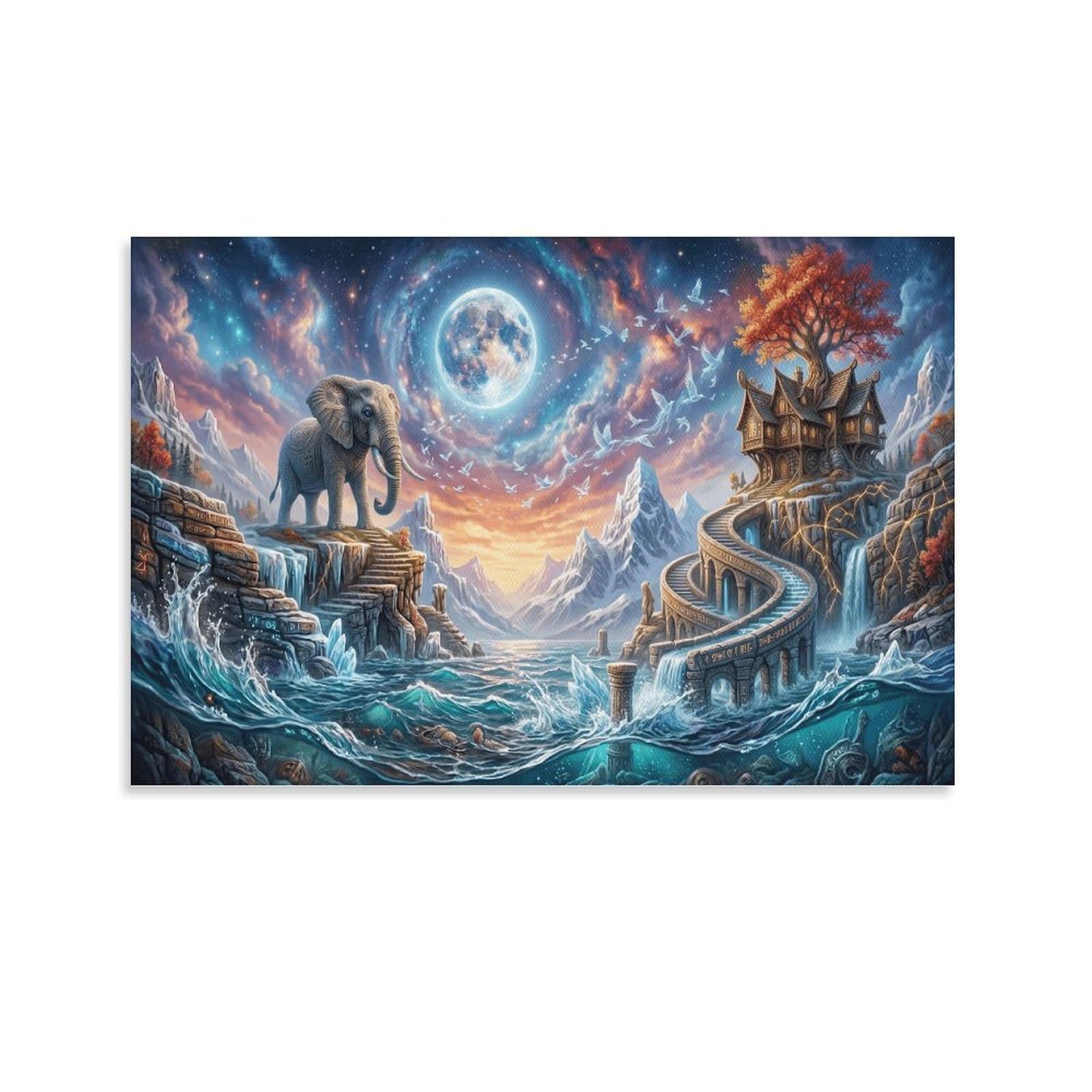 XPASHIQWC Elephant Poster Artwork Galaxy Full Moon Giclee Canvas Prints Modern Canvas Wall Art Picture Wall Hanging for Living Room Home Decorations 20x30inch(50x75cm)