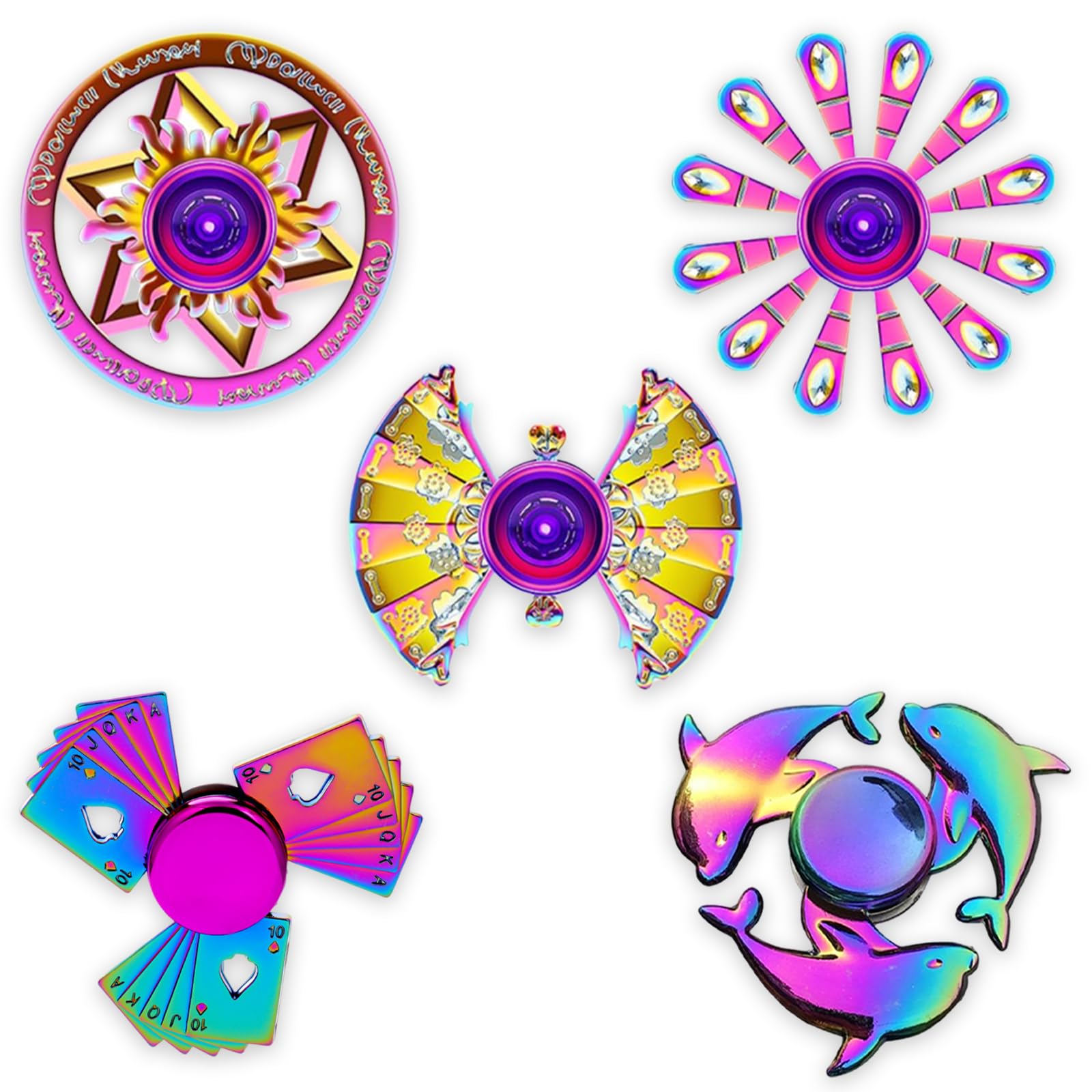 5 PCS Fidget Toys, Cool Sensory Toys with Dolphin, Sun, Flower, Poker, Fan, Stress Relief & Anxiety, Top Focus, Party Favors for Office, Classroom and Travel
