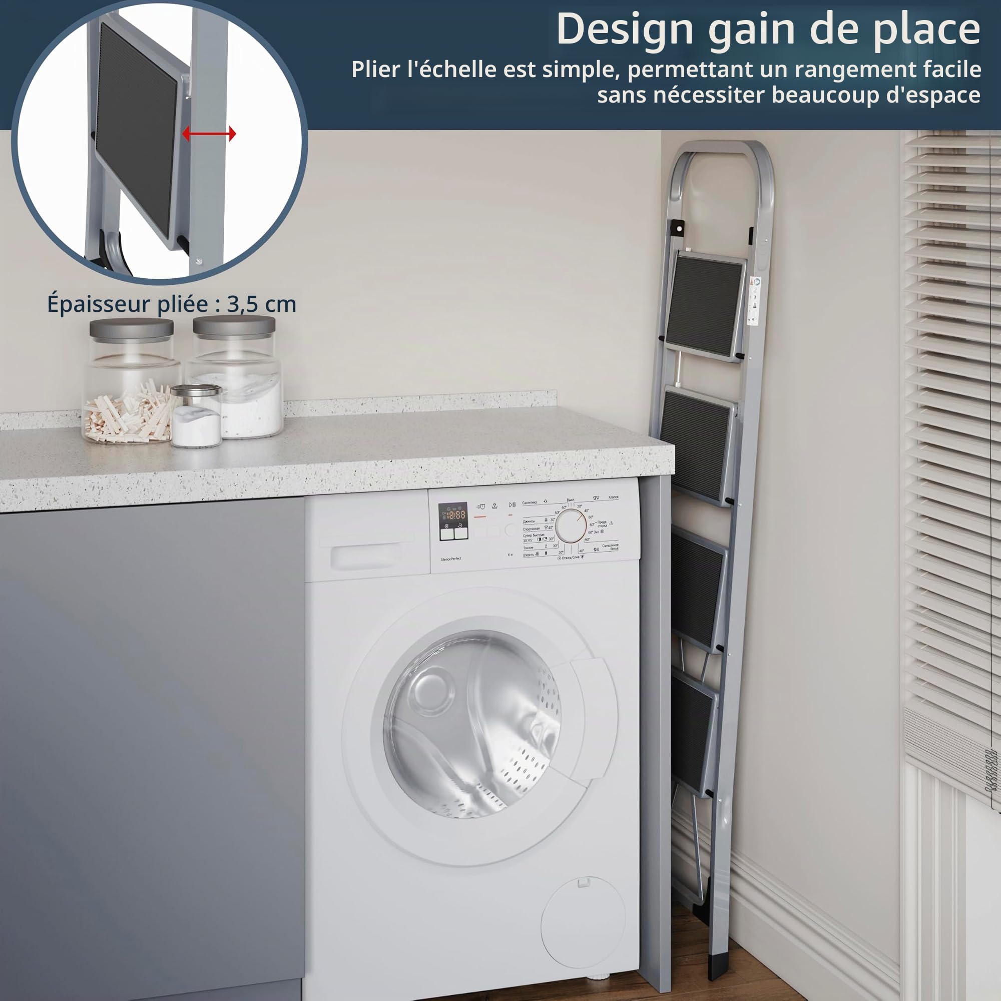 Home Vida Escabeau à 4 marches en Acier Robuste avec marches Larges et antidérapantes, Charge maximale de 150 kg, pour la Maison, la Cuisine, Le Bricolage, Le Jardin, Gris