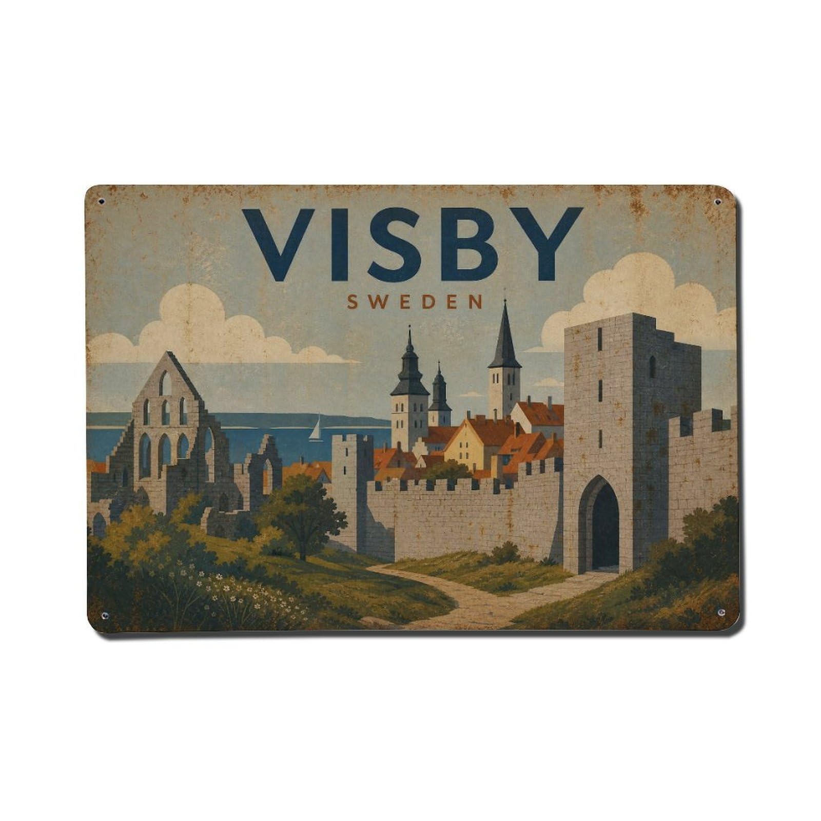 Vintage Travel Sweden Visby Metal Tin Sign