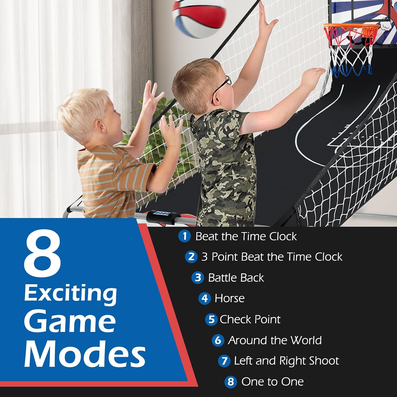 GYMAX Arcade Basketball Game Indoor Foldable with 8 Game Modes, Arcade Sound, 4 Balls and Inflation Pump, Electronic Basketball Games for Home image 5