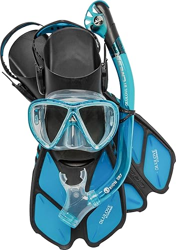 Cressi Adult Snorkel Set (Mask, Dry Snorkel, Adjustable Fins) - Light for Travel - Ocean Set Designed in Italy