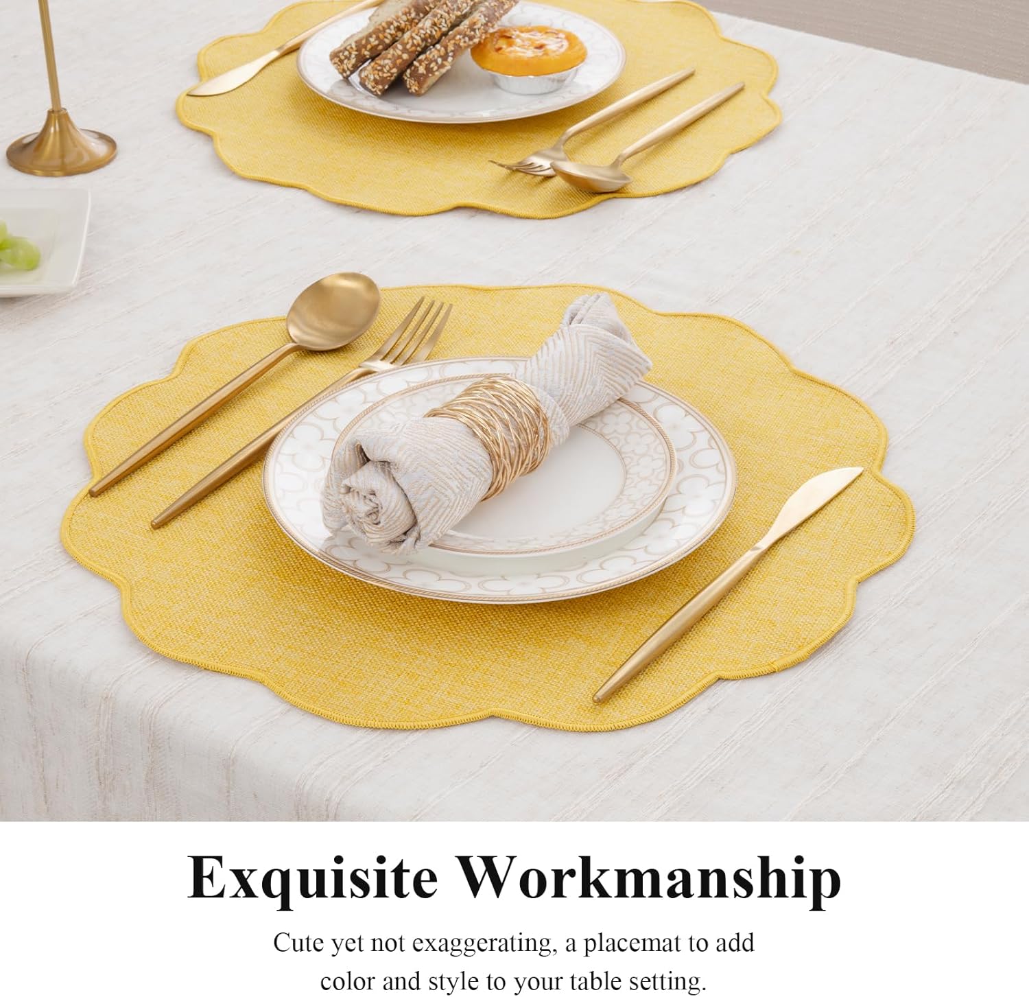 SHACOS Scalloped Round Placemats Set of 6 Polyester Linen Blend 15 inch Washable Non Slip Place Mats Easy Clean Heat Resistant Table Mats for Kitchen Dining Table Decor, Yellow