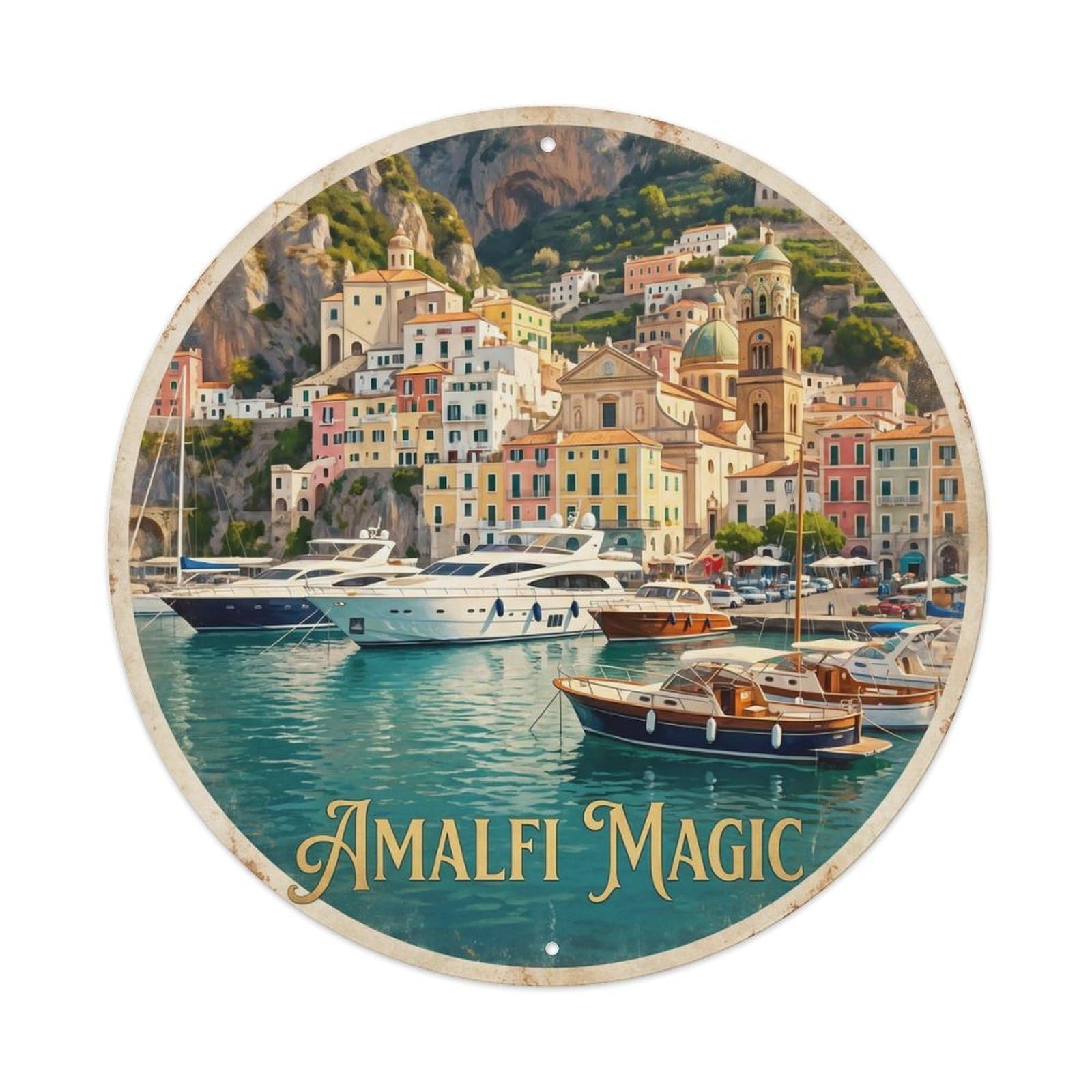 Vintage Travel Italy Seaside Yacht Harbor Metal Tin Sign Plaque