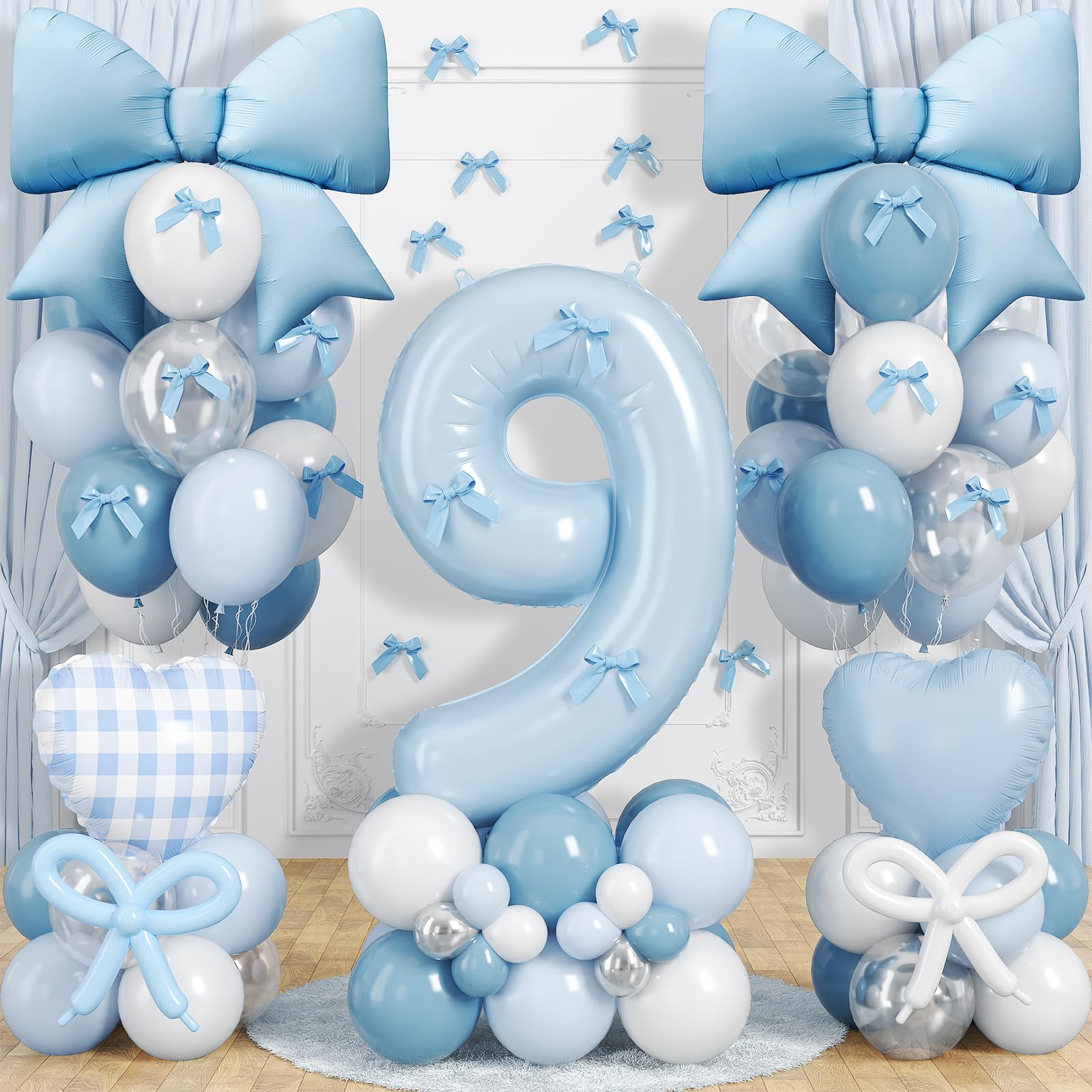 9th Birthday Decorations for Girl, Coquette Blue Bow Birthday Decorations