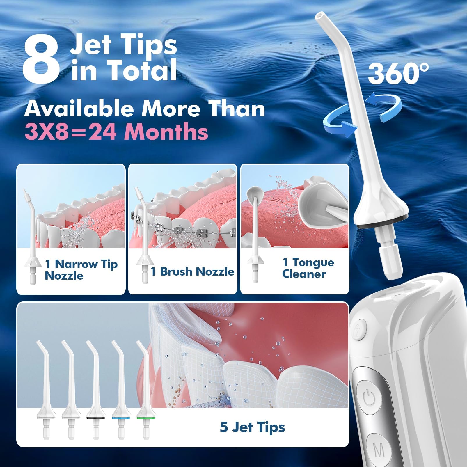 Irrigador bucal para dientes inalámbrico: irrigador bucal, 8 puntas de chorro, 4 modos, portátil, tanque de 300 ml, recargable por USB, IPX7, impermeable, hilo dental para adultos, limpieza de