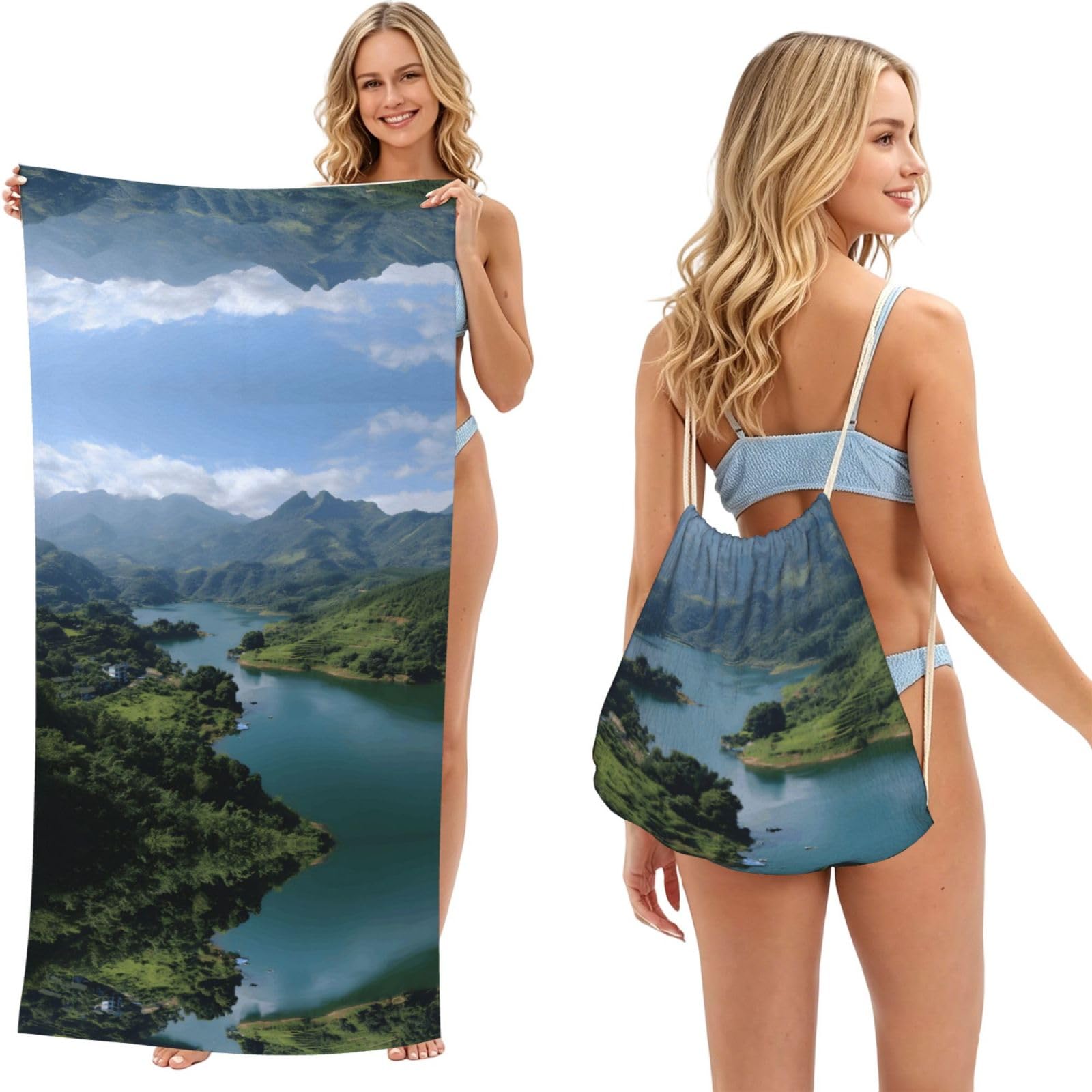 ESNAIUVCD Lake Print Beach Towel For Adults,Towel With Drawstring Bag, Travel Pool Swimming Sports Shower Sand Free Quick Dry Bath Towel For Pool, Beach, Yoga- 180x60cm