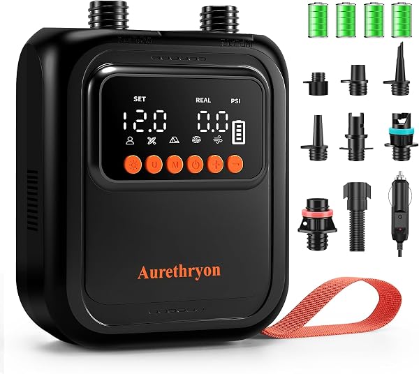 Rechargeable Gonfleur Paddle Electrique,Pompe à Air Portable Haute Pression(20 PSI),arrêt Automatique,Double Alimentation 12V DC & Batterie,avec 7 Buses à Air,pour Matelas Kayaks,Tentes,Noir - 1