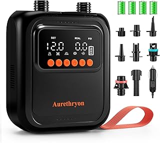 Elektrische SUP Pumpe Akku mit Licht,Tragbare Hochdruck Luftpumpe(20 PSI),Auto-Off,12V DC & Typ-C,mit 7 Düsen,für Stand up Paddling Board,Luftmatratzen,Kajaks,Zelte,Boote und Pools,Schwarz