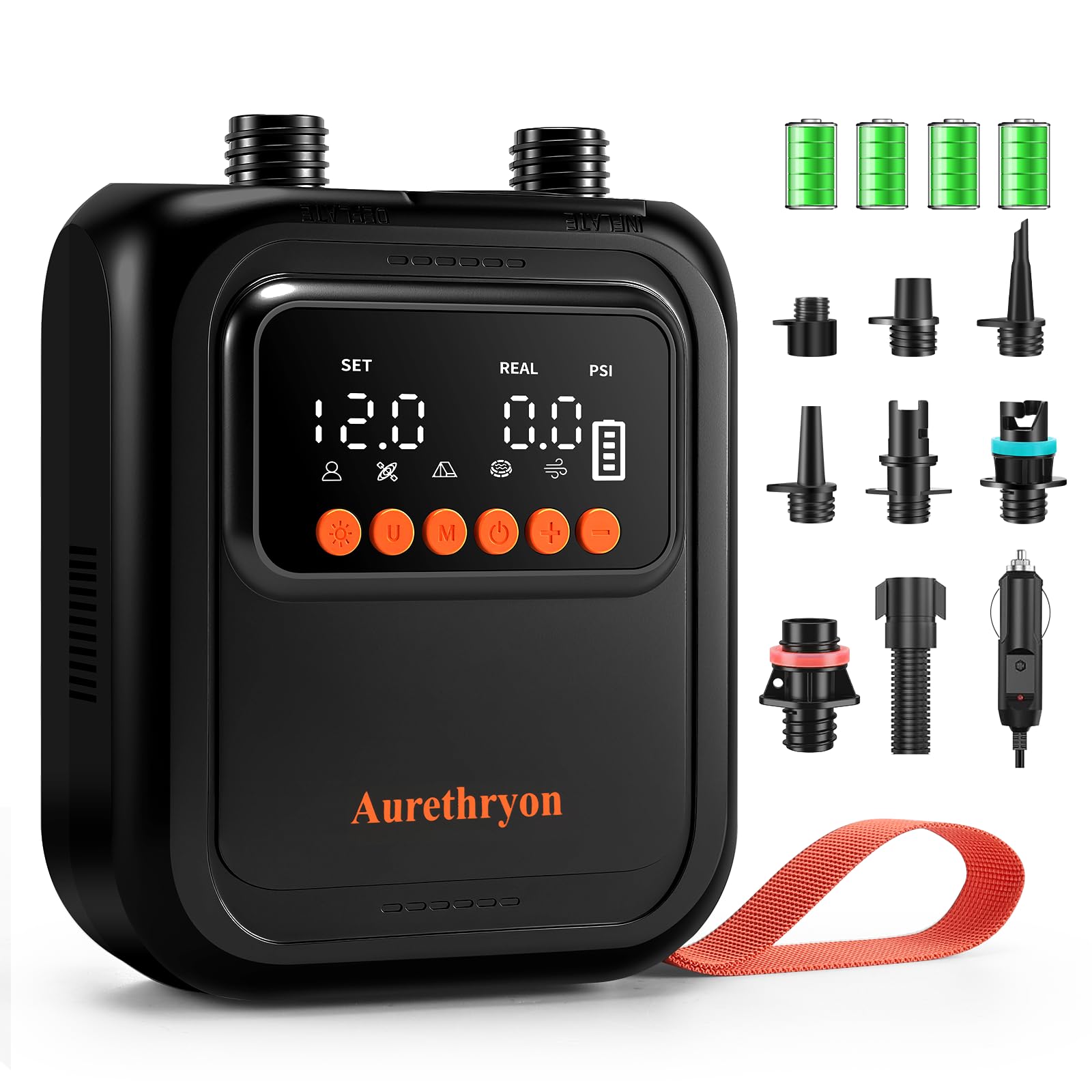 Rechargeable Gonfleur Paddle Electrique,Pompe à Air Portable Haute Pression(20 PSI),arrêt Automatique,Double Alimentation 12V DC & Batterie,avec 7 Buses à Air,pour Matelas Kayaks,Tentes,Noir