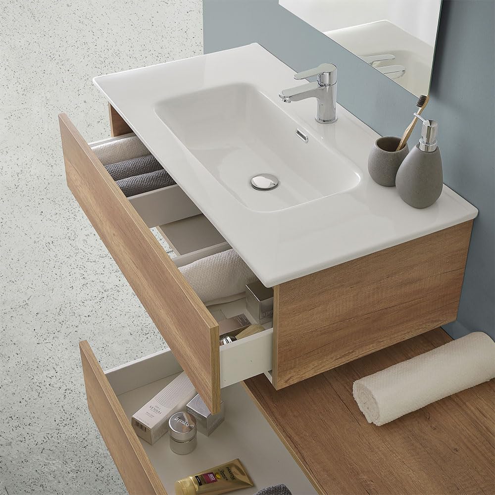 Inbagno Mobile Bagno Sospeso 90 cm Rovere Naturale – Composizione Modulare Con Lavabo In Ceramica E 2 Ampi Cassettoni Soft-Close – Linea Nadia