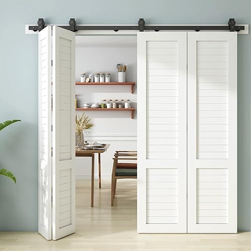 Miniatura 8 de JUBEST Kit de rieles de puerta corrediza biplegable de 68 pulgadas rodillo negro montado en la parte superior resistente para 4 puertas