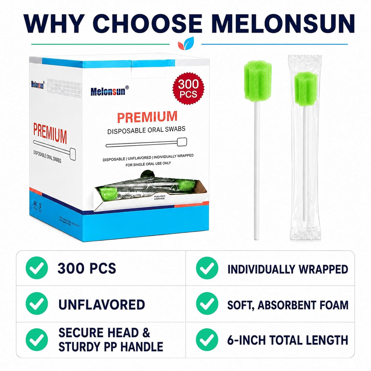 300 Disposable Oral Swabs, Long Handle Soft Sponge Swabs for Mouth Cleaning