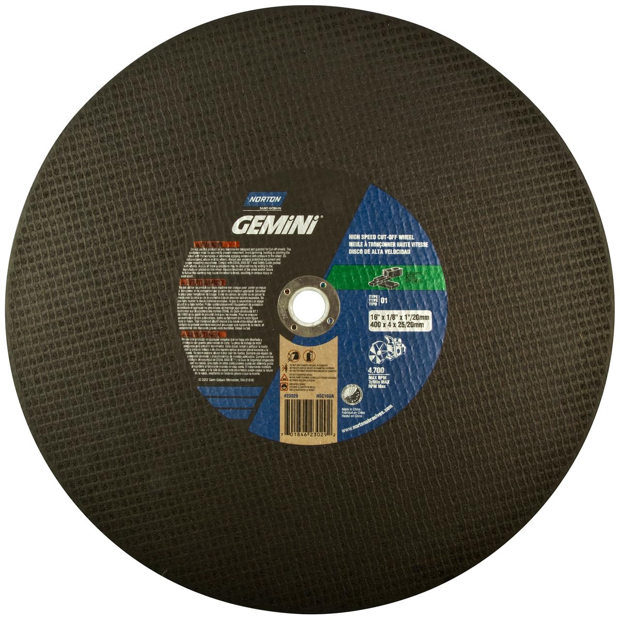 Norton 70184623029 16x1/8x1/20mm Gemini Concrete SC High Speed Cut-Off Wheels, Type 01/41, 36 Grit, 10 Pack