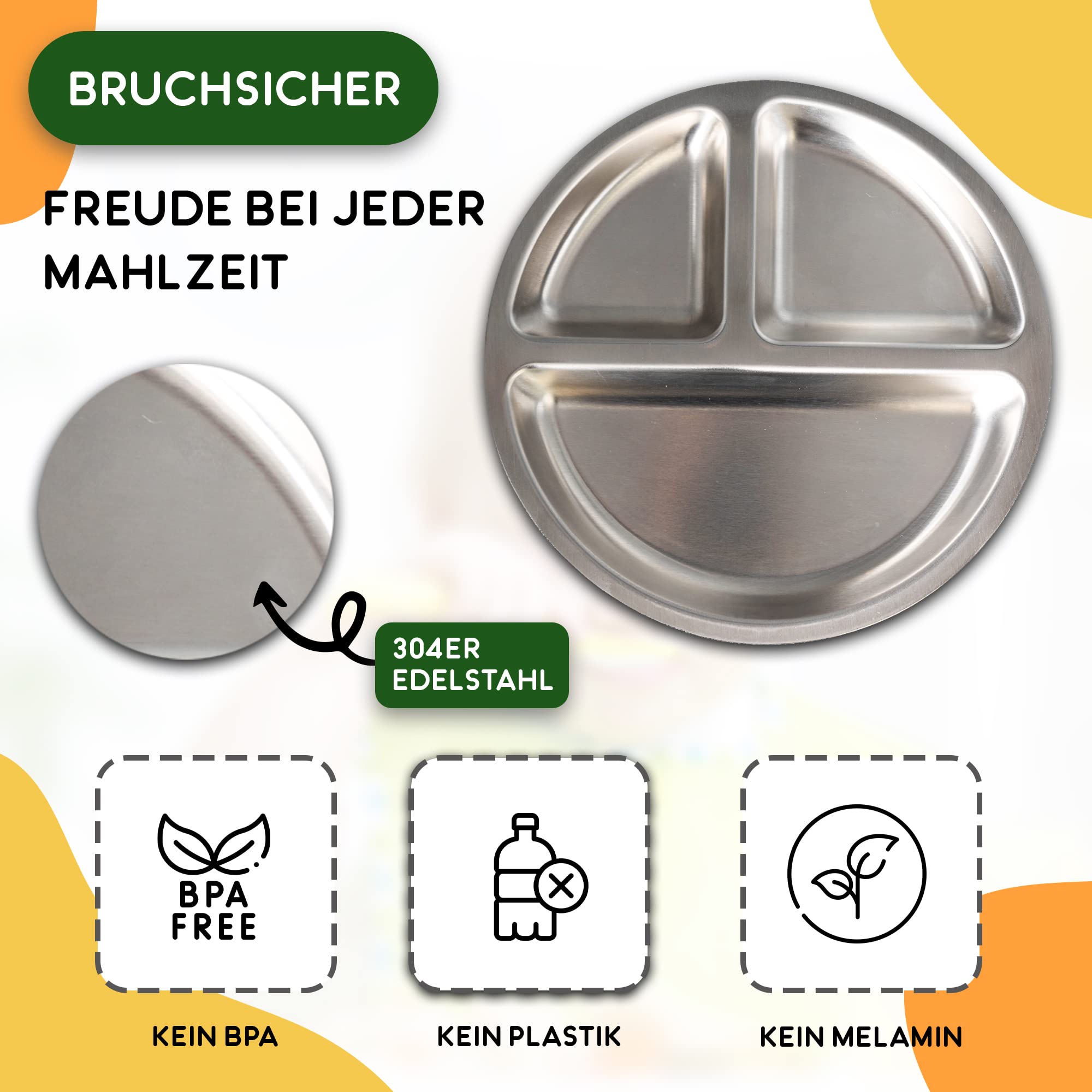 Rilli Assiette à ventouse en acier inoxydable - Vaisselle antidérapante pour bébé - Vaisselle à ventouse pour bébé (gris)
