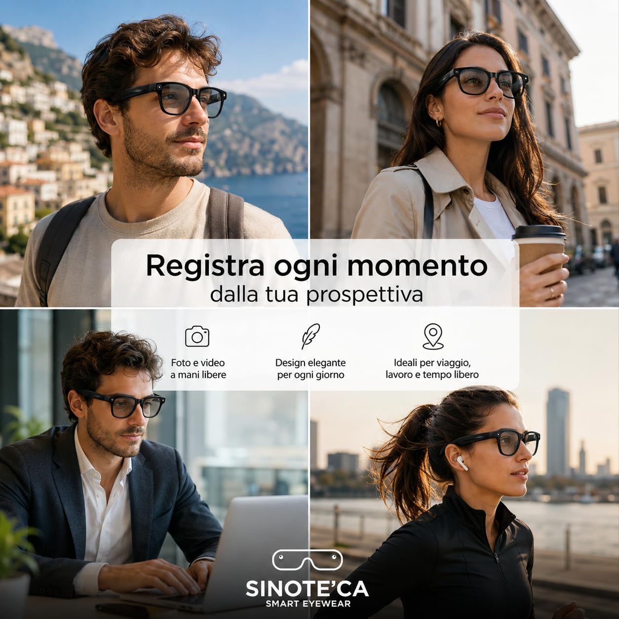 SINOTE'CA AI Smart Glasses, Occhiali Intelligenti Bluetooth con Telecamera 8MP, Lenti Fotocromatiche, Audio Open-Ear e Traduzione in Tempo Reale, per Sport e Vita Quotidiana