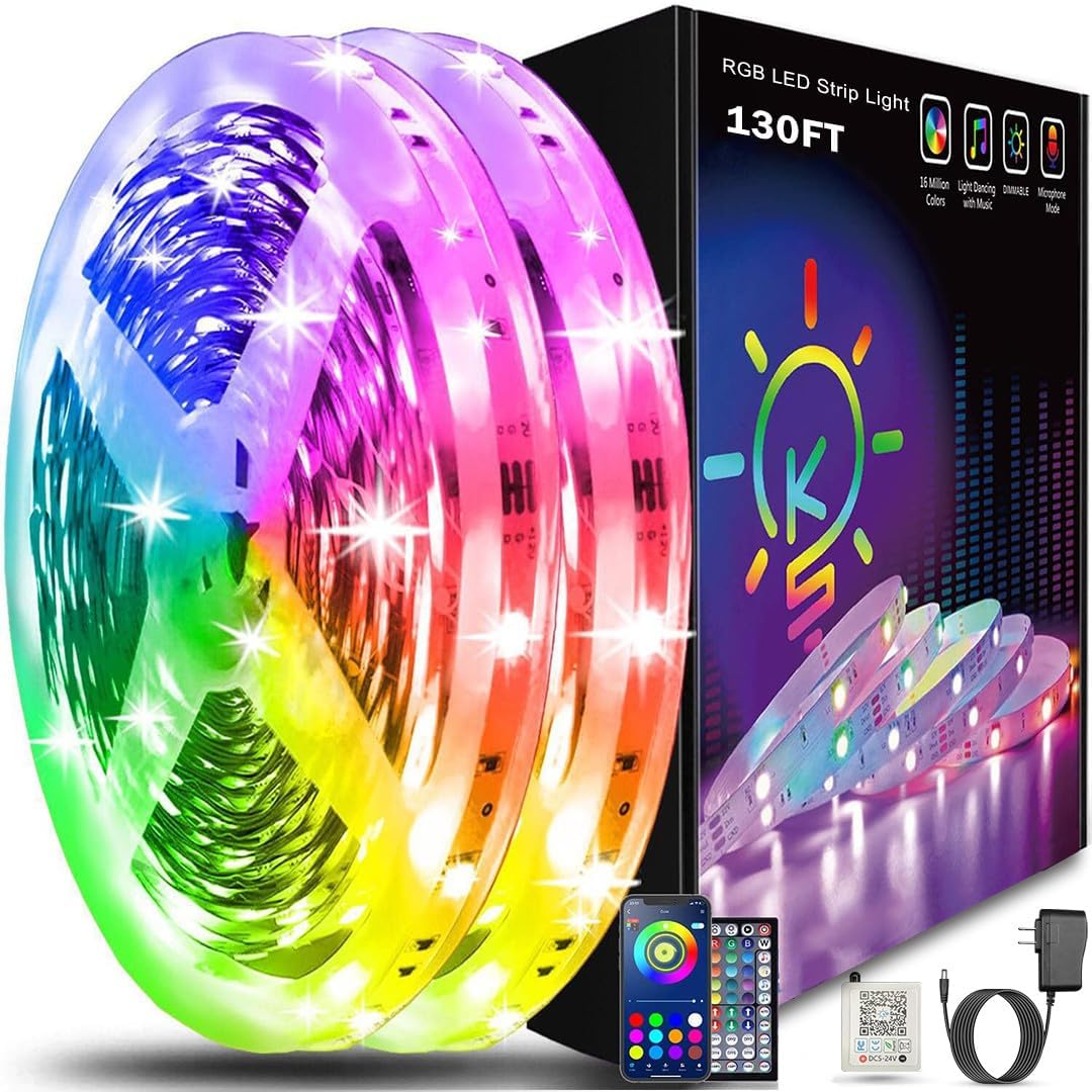 Keepsmile 130ft Led Strip Lights (2 Rolls of 65ft) Bluetooth Smart App Control RGB Led Light Strip with Remote,Music Sync Color Changing Led Lights for Bedroom Room Home Party Decor