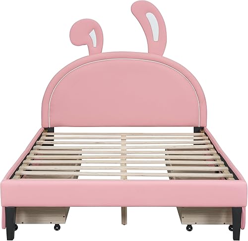 Miniatura 7 de CITYLIGHT Cama de plataforma tapizada de tamaño matrimonial con 4 cajones de almacenamiento y adorno de conejo, marco de cama de princesa de cuero